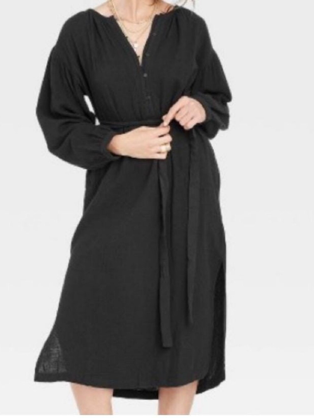 Universal Thread Black Long-Sleeve Midi Dress with Tie Belt